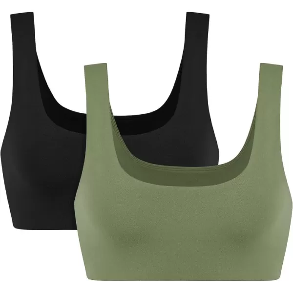 imageODODOS Square Neck Sports Bra for Women Wirefree Non Padded Yoga Tank Workout Crop TopsBlackdark Olive