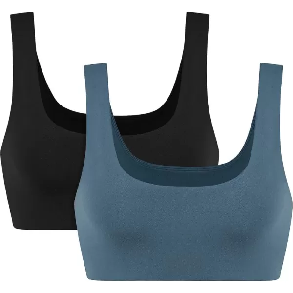 imageODODOS Square Neck Sports Bra for Women Wirefree Non Padded Yoga Tank Workout Crop TopsBlackink Blue