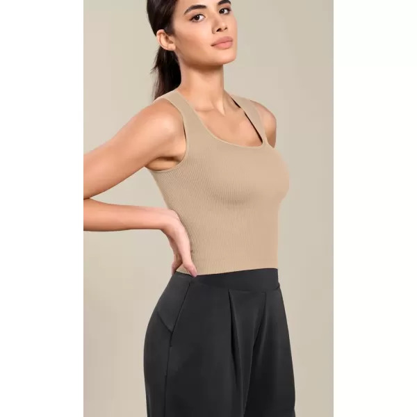 imageODODOS Seamless Square Neck Tank for Women Ribbed Soft Sleeveless Longline Crop TopsBeige