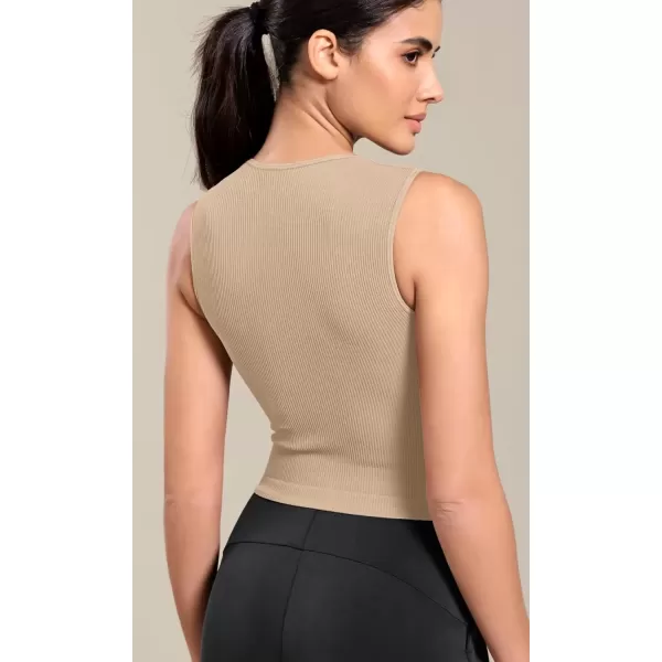 imageODODOS Seamless Square Neck Tank for Women Ribbed Soft Sleeveless Longline Crop TopsBeige