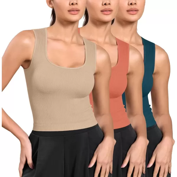 imageODODOS Seamless Square Neck Tank for Women Ribbed Soft Sleeveless Longline Crop TopsBeigecoralteal