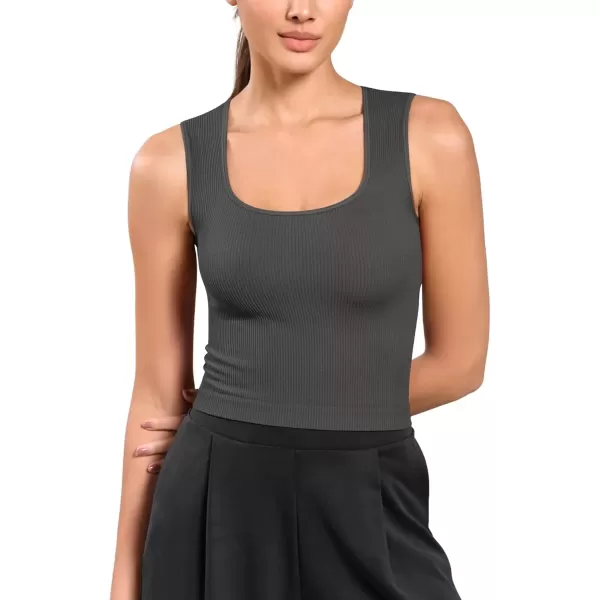 imageODODOS Seamless Square Neck Tank for Women Ribbed Soft Sleeveless Longline Crop TopsCharcoal