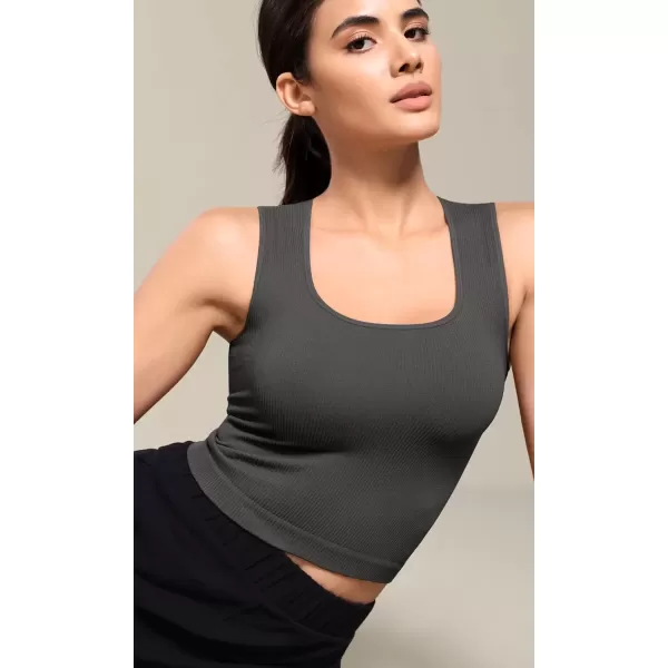 imageODODOS Seamless Square Neck Tank for Women Ribbed Soft Sleeveless Longline Crop TopsCharcoal