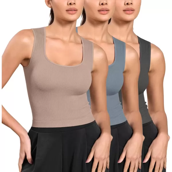 imageODODOS Seamless Square Neck Tank for Women Ribbed Soft Sleeveless Longline Crop TopsCharcoaldusty Bluebark