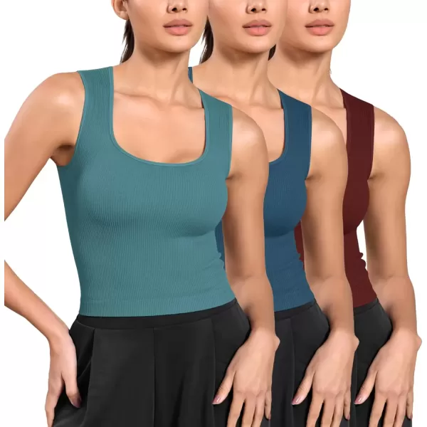 imageODODOS Seamless Square Neck Tank for Women Ribbed Soft Sleeveless Longline Crop TopsClaretoceansky Blue