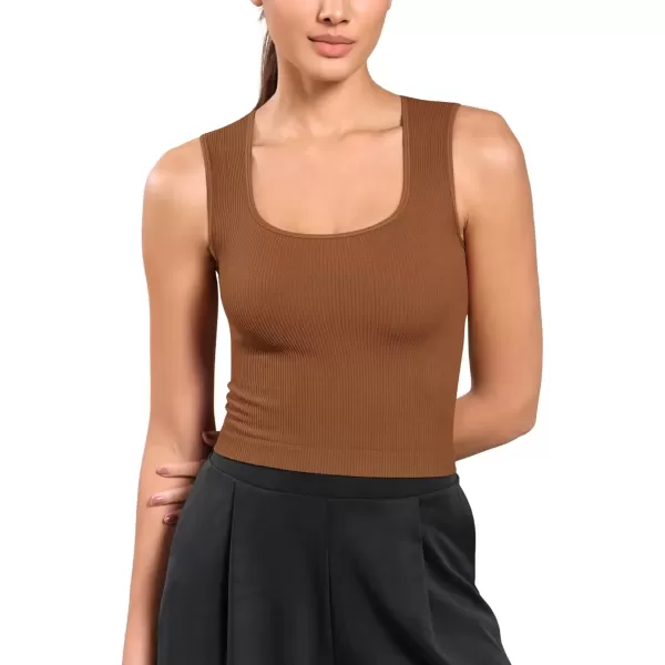 imageODODOS Seamless Square Neck Tank for Women Ribbed Soft Sleeveless Longline Crop TopsClay