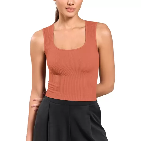 imageODODOS Seamless Square Neck Tank for Women Ribbed Soft Sleeveless Longline Crop TopsCoral