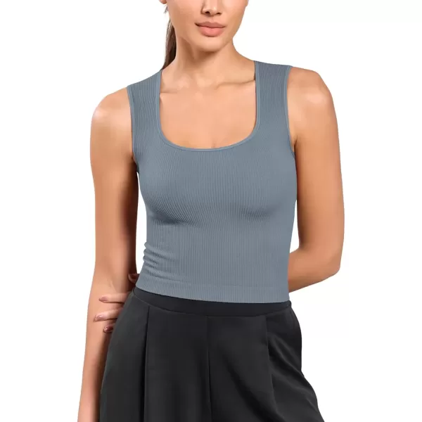 imageODODOS Seamless Square Neck Tank for Women Ribbed Soft Sleeveless Longline Crop TopsDusty Blue