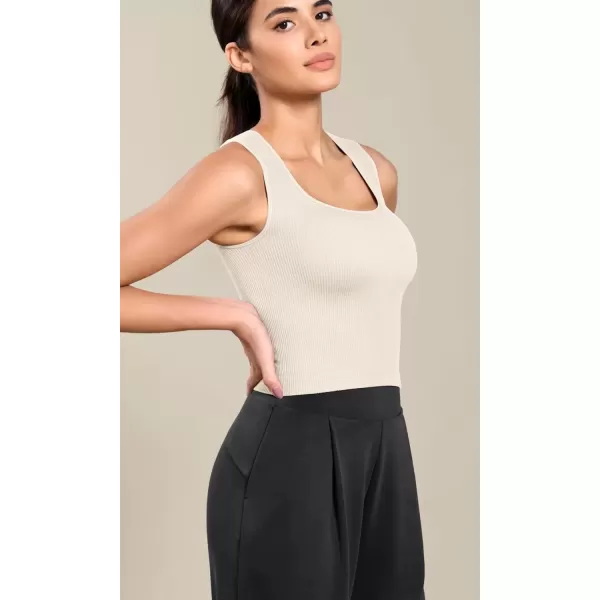 imageODODOS Seamless Square Neck Tank for Women Ribbed Soft Sleeveless Longline Crop TopsIvory