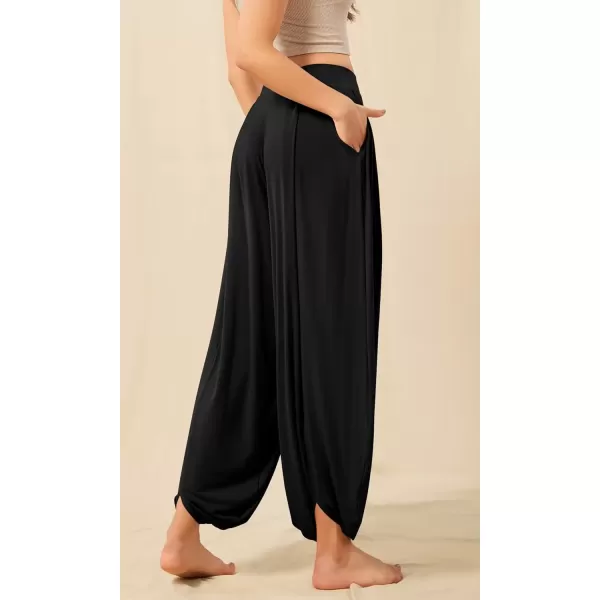 imageODODOS Womens Wide Leg Pants with Pockets Lightweight Loose Draped Casual Palazzo Lounge Pajama Harem PantsBlack