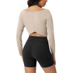 imageODODOS Womens Boat Neck VWaist Cropped Shirts PeachSoft All Day Comfort Long Sleeve TopsBeige