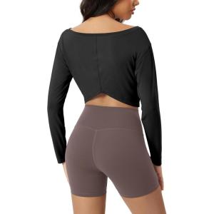 imageODODOS Womens Boat Neck VWaist Cropped Shirts PeachSoft All Day Comfort Long Sleeve TopsCharcoal