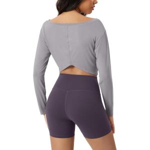 imageODODOS Womens Boat Neck VWaist Cropped Shirts PeachSoft All Day Comfort Long Sleeve TopsLight Gray