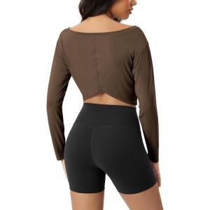 imageODODOS Womens Boat Neck VWaist Cropped Shirts PeachSoft All Day Comfort Long Sleeve TopsNutria
