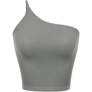 imageODODOS One Shoulder Crop Cami Tank for Women Seamless Ribbed Asymmetric Cropped TopsGray