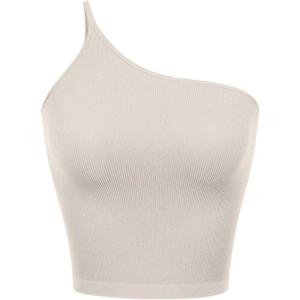 imageODODOS One Shoulder Crop Cami Tank for Women Seamless Ribbed Asymmetric Cropped TopsMushroom