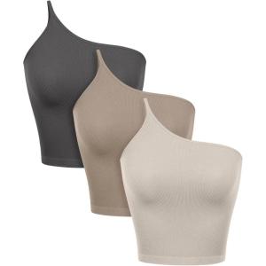 imageODODOS One Shoulder Crop Cami Tank for Women Seamless Ribbed Asymmetric Cropped TopsMushroomtaupecharcoal