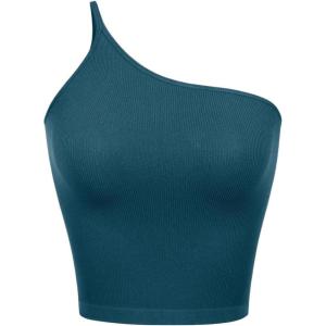 imageODODOS One Shoulder Crop Cami Tank for Women Seamless Ribbed Asymmetric Cropped TopsTeal
