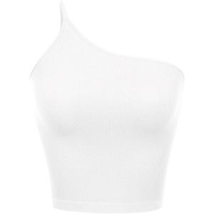 imageODODOS One Shoulder Crop Cami Tank for Women Seamless Ribbed Asymmetric Cropped TopsWhite
