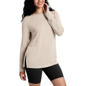 imageODODOS Womens PeachSoft Boat Neck Long Sleeve Shirt Side Slit Relaxed Fit Casual Top for Yoga ampamp LoungeBeige