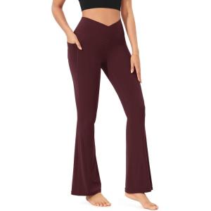 imageODODOS Cloud Feeling Crossover Flared Pants with Pockets for Women Cross Waist Bootcut Lounge Yoga Pants 30quot  32quot InseamBurgundy