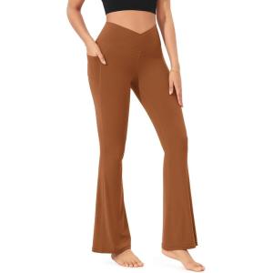 imageODODOS Cloud Feeling Crossover Flared Pants with Pockets for Women Cross Waist Bootcut Lounge Yoga Pants 30quot  32quot InseamCaramel
