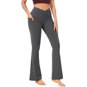 imageODODOS Cloud Feeling Crossover Flared Pants with Pockets for Women Cross Waist Bootcut Lounge Yoga Pants 30quot  32quot InseamCharcoal