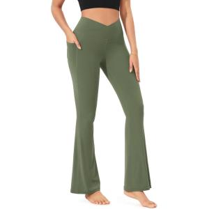 imageODODOS Cloud Feeling Crossover Flared Pants with Pockets for Women Cross Waist Bootcut Lounge Yoga Pants 30quot  32quot InseamDark Olive