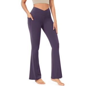 imageODODOS Cloud Feeling Crossover Flared Pants with Pockets for Women Cross Waist Bootcut Lounge Yoga Pants 30quot  32quot InseamDark Purple
