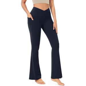 imageODODOS Cloud Feeling Crossover Flared Pants with Pockets for Women Cross Waist Bootcut Lounge Yoga Pants 30quot  32quot InseamDeep Navy