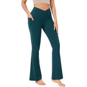 imageODODOS Cloud Feeling Crossover Flared Pants with Pockets for Women Cross Waist Bootcut Lounge Yoga Pants 30quot  32quot InseamForest Teal