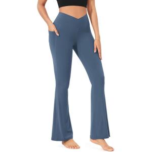 imageODODOS Cloud Feeling Crossover Flared Pants with Pockets for Women Cross Waist Bootcut Lounge Yoga Pants 30quot  32quot InseamInk Blue