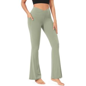 imageODODOS Cloud Feeling Crossover Flared Pants with Pockets for Women Cross Waist Bootcut Lounge Yoga Pants 30quot  32quot InseamLime Stone
