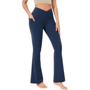 imageODODOS Cloud Feeling Crossover Flared Pants with Pockets for Women Cross Waist Bootcut Lounge Yoga Pants 30quot  32quot InseamNavy