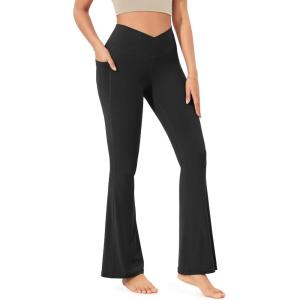 imageODODOS Cloud Feeling Crossover Flared Pants with Pockets for Women Cross Waist Bootcut Lounge Yoga Pants 30quot  32quot InseamOnyx Black Grey