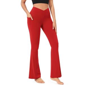imageODODOS Cloud Feeling Crossover Flared Pants with Pockets for Women Cross Waist Bootcut Lounge Yoga Pants 30quot  32quot InseamRed