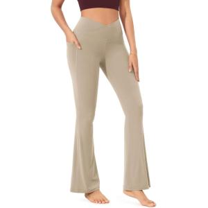 imageODODOS Cloud Feeling Crossover Flared Pants with Pockets for Women Cross Waist Bootcut Lounge Yoga Pants 30quot  32quot InseamShaker Beige