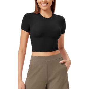 imageODODOS Lightweight Soft Short Sleeve Tee for Women Crew Neck Slim Fit TShirts Summer Crop TopsBlack