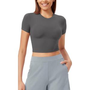 imageODODOS Lightweight Soft Short Sleeve Tee for Women Crew Neck Slim Fit TShirts Summer Crop TopsCharcoal