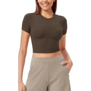 imageODODOS Lightweight Soft Short Sleeve Tee for Women Crew Neck Slim Fit TShirts Summer Crop TopsDark Brown