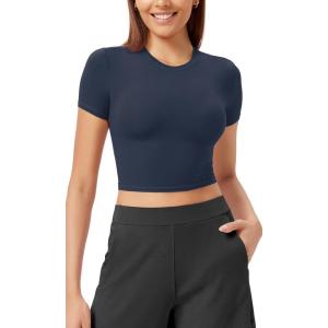 imageODODOS Lightweight Soft Short Sleeve Tee for Women Crew Neck Slim Fit TShirts Summer Crop TopsNavy