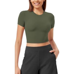 imageODODOS Lightweight Soft Short Sleeve Tee for Women Crew Neck Slim Fit TShirts Summer Crop TopsOlive Green