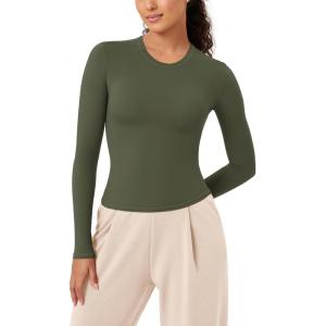 imageODODOS Lightweight Soft Long Sleeve Tee for Women Crew Neck Tops Slim Fit TShirts Olive Green Medium