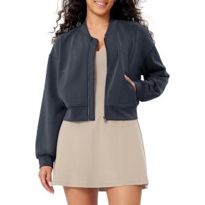 imageODODOS Modal Soft FullZip Bomber Jacket for Women Long Sleeve Casual Fall Outfit Crop Top with PocketsBlue Navy