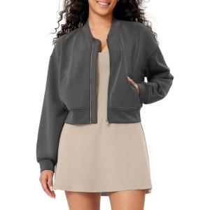 imageODODOS Modal Soft FullZip Bomber Jacket for Women Long Sleeve Casual Fall Outfit Crop Top with PocketsCharcoal