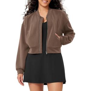 imageODODOS Modal Soft FullZip Bomber Jacket for Women Long Sleeve Casual Fall Outfit Crop Top with PocketsNutria