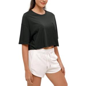 imageODODOS Recycled Cotton Short Sleeve Tee Shirts for Women Washed Crew Neck Roll Hem Drop Shoulder TopsBlack