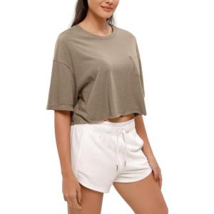 imageODODOS Recycled Cotton Short Sleeve Tee Shirts for Women Washed Crew Neck Roll Hem Drop Shoulder TopsBrown