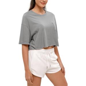 imageODODOS Recycled Cotton Short Sleeve Tee Shirts for Women Washed Crew Neck Roll Hem Drop Shoulder TopsGrey