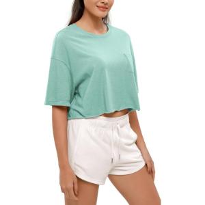 imageODODOS Recycled Cotton Short Sleeve Tee Shirts for Women Washed Crew Neck Roll Hem Drop Shoulder TopsJade